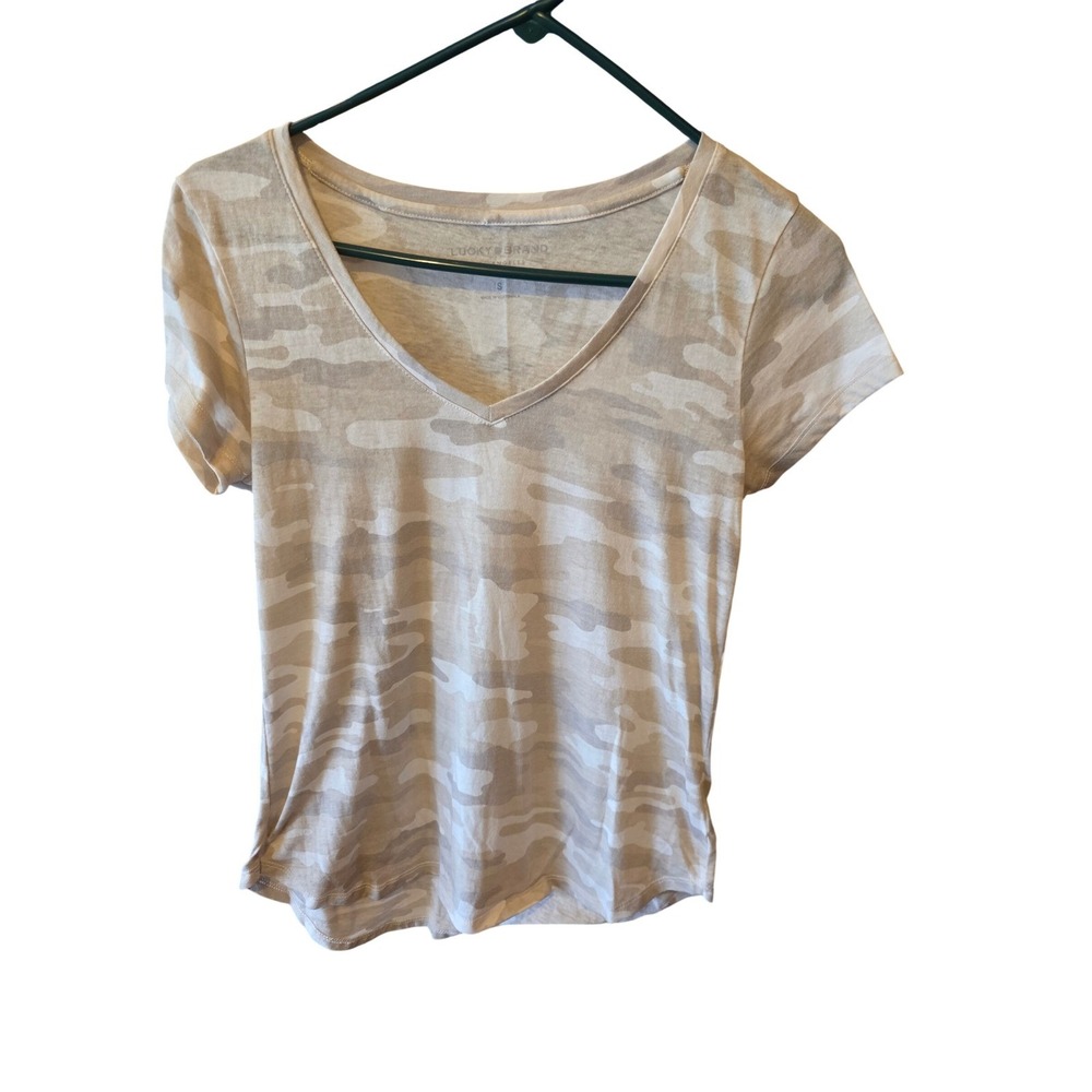 Lucky Brand Womens Camo V-Neck Short Sleeve Tee Tan Cream S